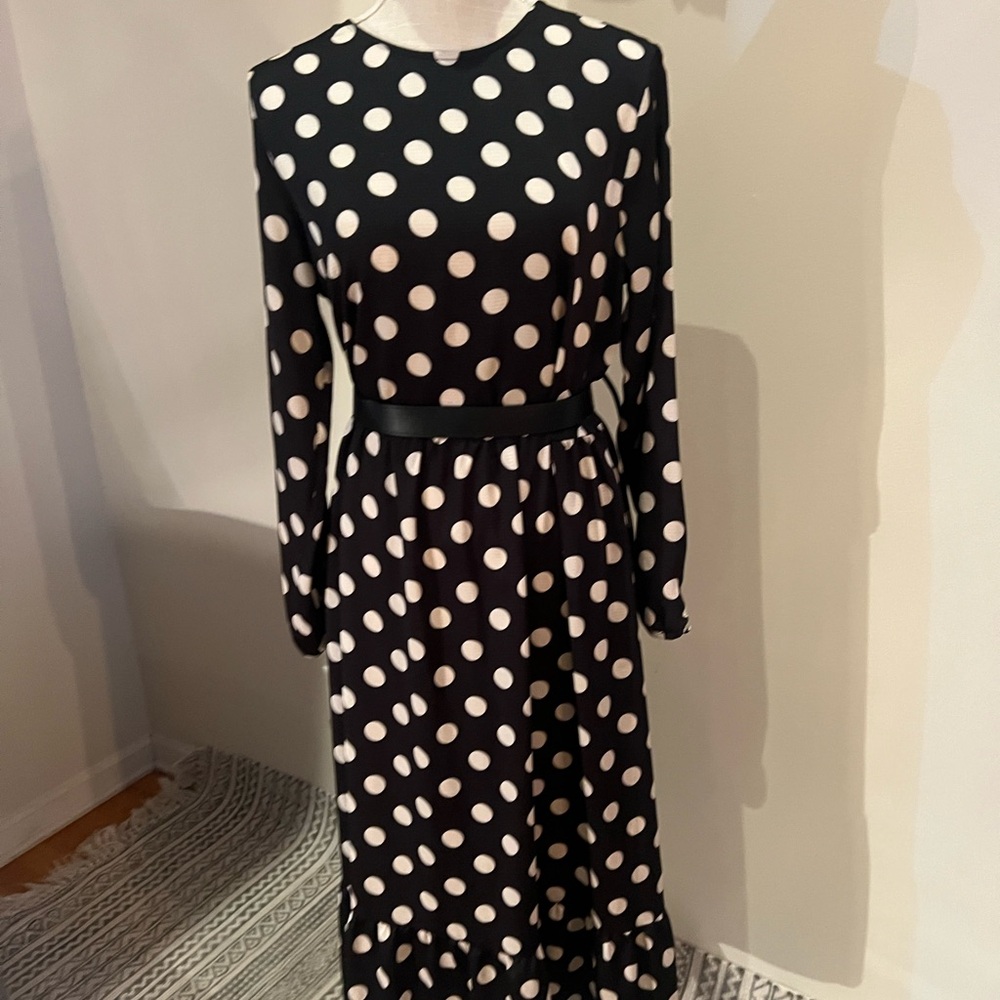 H&M Black Dress with White Polka Dots — Long Sleeve. Belt Not included